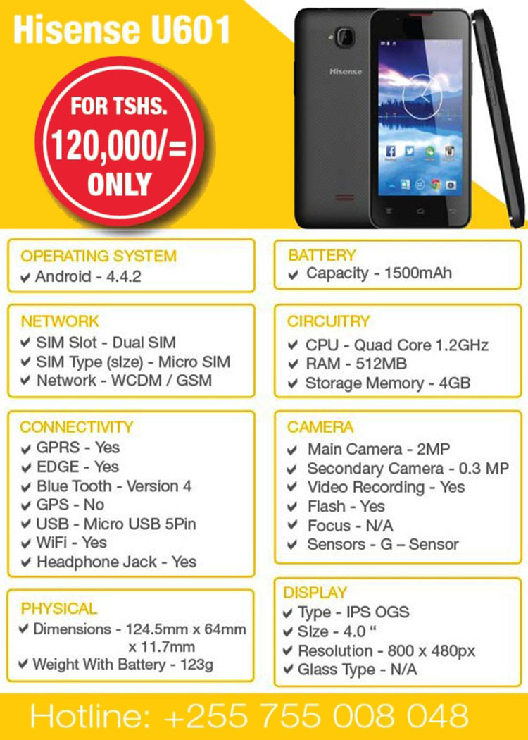 Hisense U601 – only TShs. 120,000/-