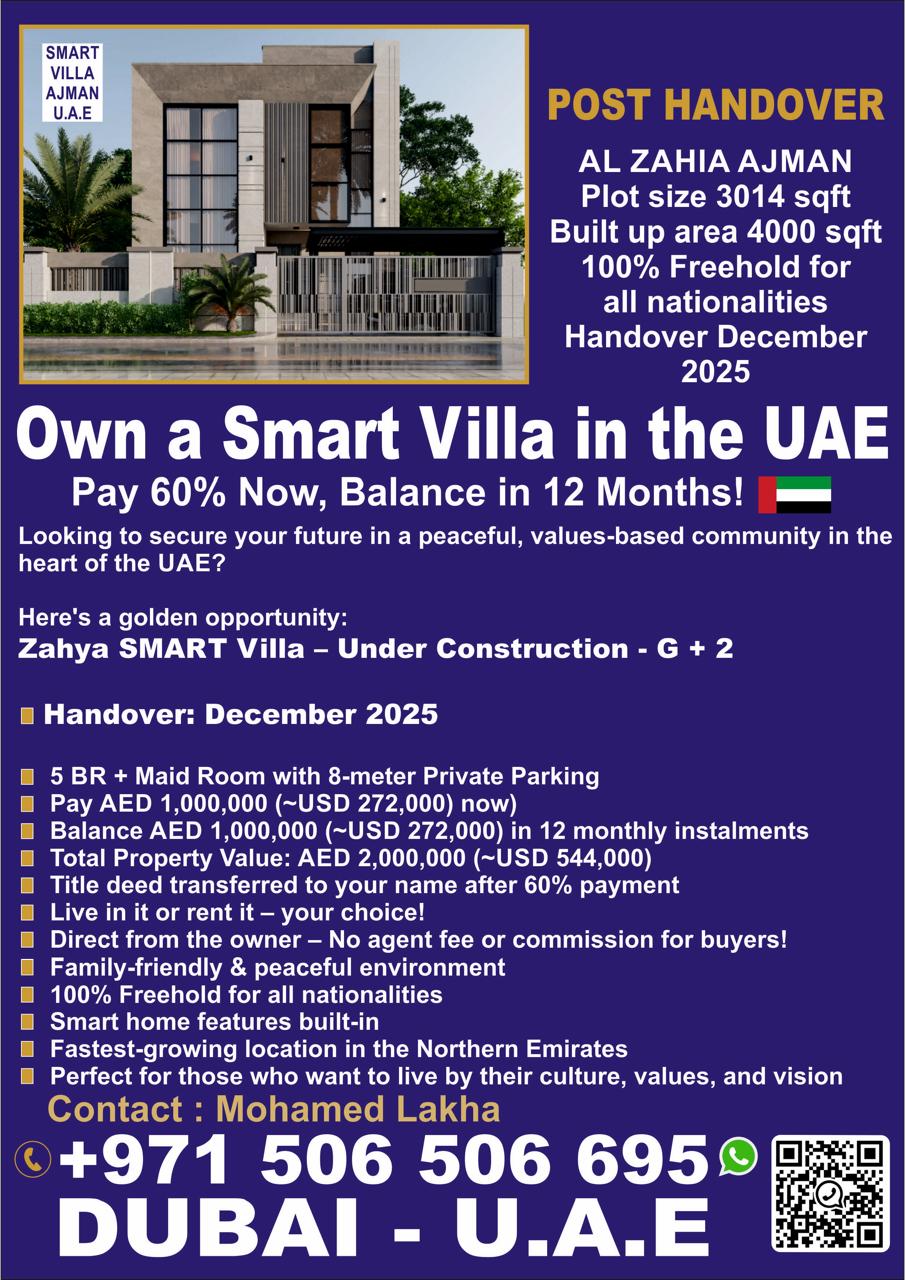 Own a Smart Villa in Al Zahia, Ajman